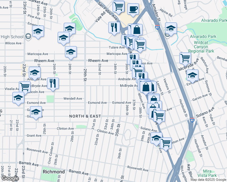 map of restaurants, bars, coffee shops, grocery stores, and more near 971 34th Street in Richmond