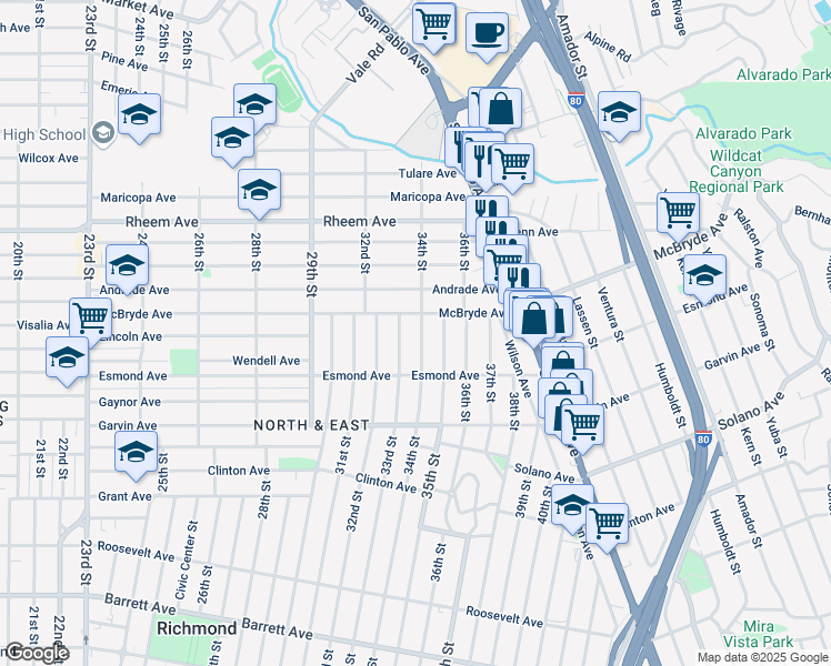 map of restaurants, bars, coffee shops, grocery stores, and more near 971 34th Street in Richmond