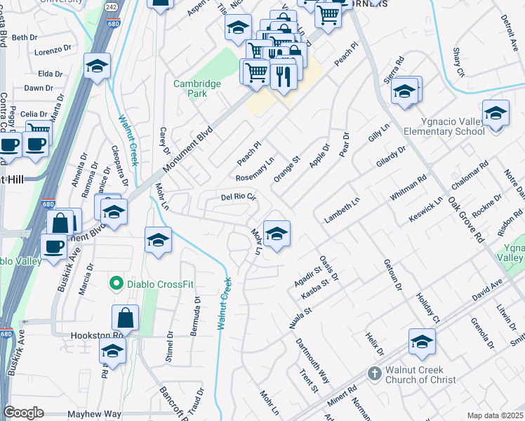 map of restaurants, bars, coffee shops, grocery stores, and more near 1477 Del Rio Circle in Concord