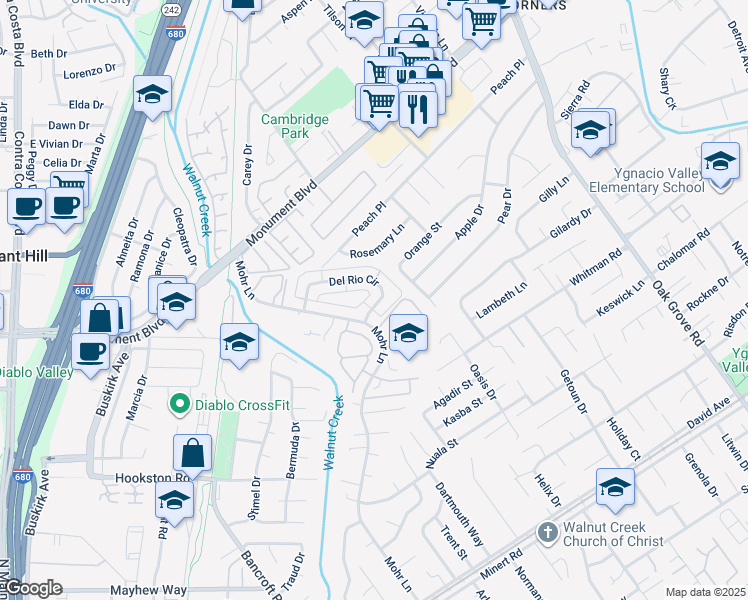 map of restaurants, bars, coffee shops, grocery stores, and more near 1477 Del Rio Circle in Concord