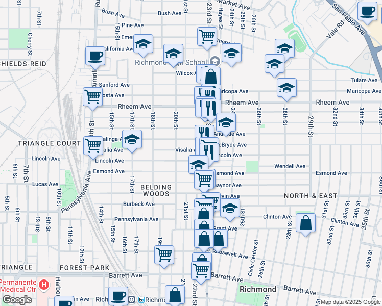 map of restaurants, bars, coffee shops, grocery stores, and more near 2103 Visalia Avenue in Richmond
