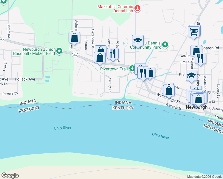 map of restaurants, bars, coffee shops, grocery stores, and more near 1012 Steamboat Run in Newburgh