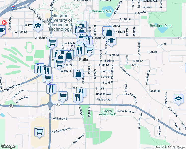 map of restaurants, bars, coffee shops, grocery stores, and more near 109 East 4th Street in Rolla