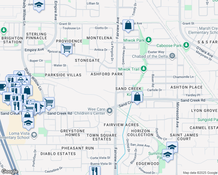 map of restaurants, bars, coffee shops, grocery stores, and more near 1592 Cherry Blossom Court in Brentwood
