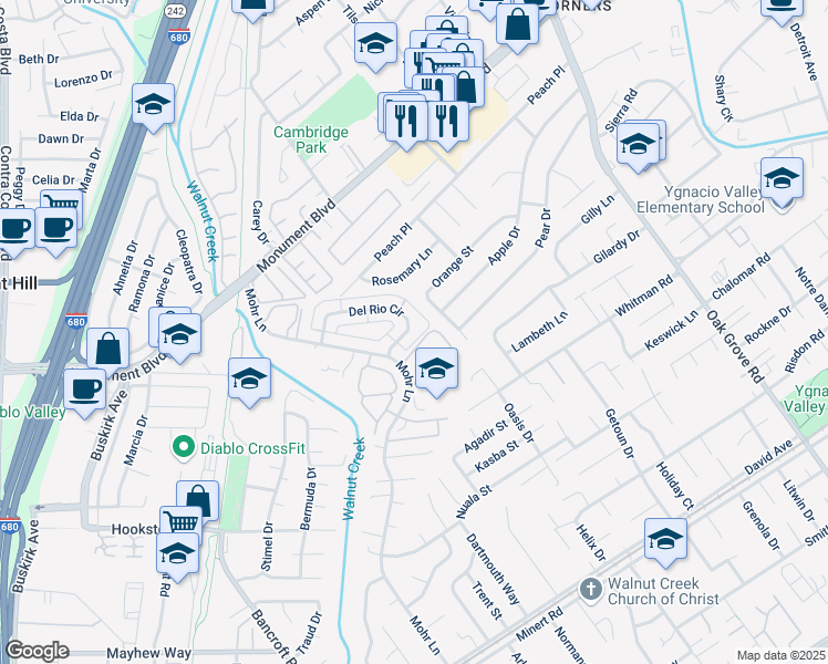 map of restaurants, bars, coffee shops, grocery stores, and more near 1477 Del Rio Circle in Concord