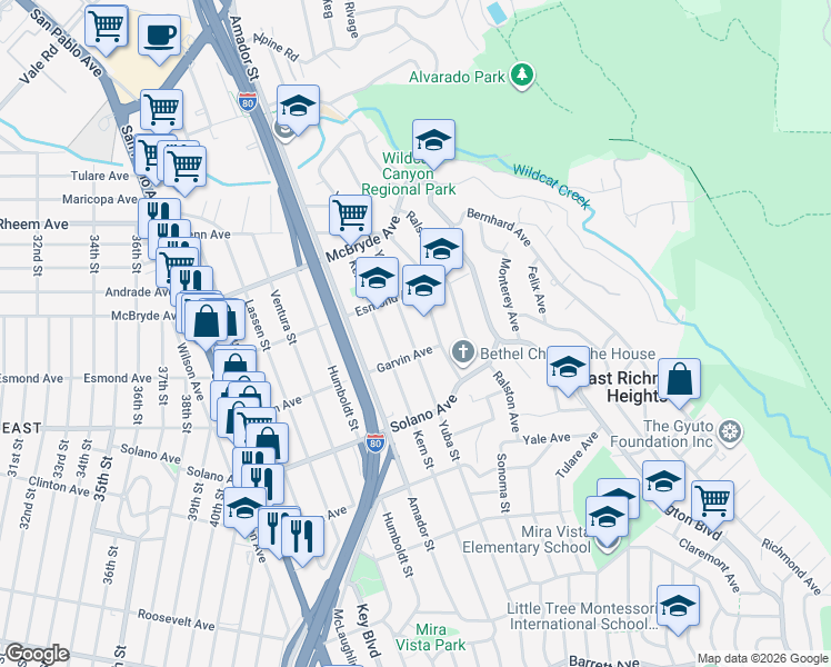map of restaurants, bars, coffee shops, grocery stores, and more near 828 Yuba Street in Richmond