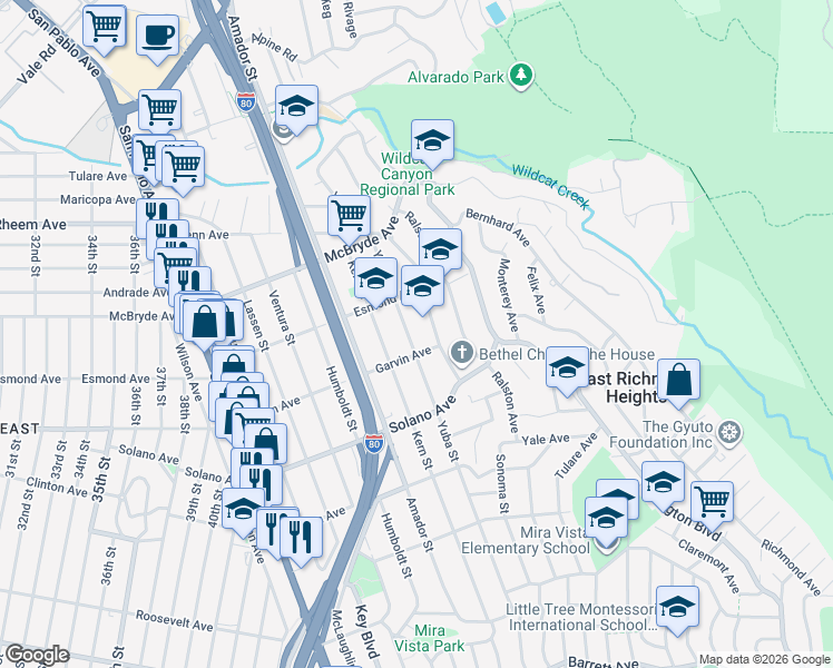 map of restaurants, bars, coffee shops, grocery stores, and more near 828 Yuba Street in Richmond
