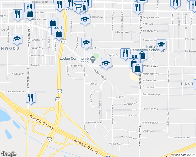 map of restaurants, bars, coffee shops, grocery stores, and more near 2200 Red Bud Circle in Evansville