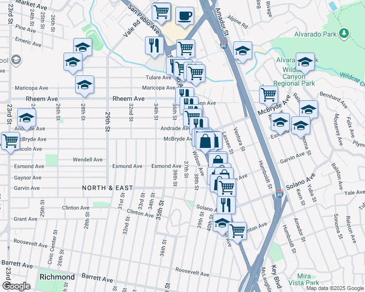 map of restaurants, bars, coffee shops, grocery stores, and more near 3612 McBryde Avenue in Richmond