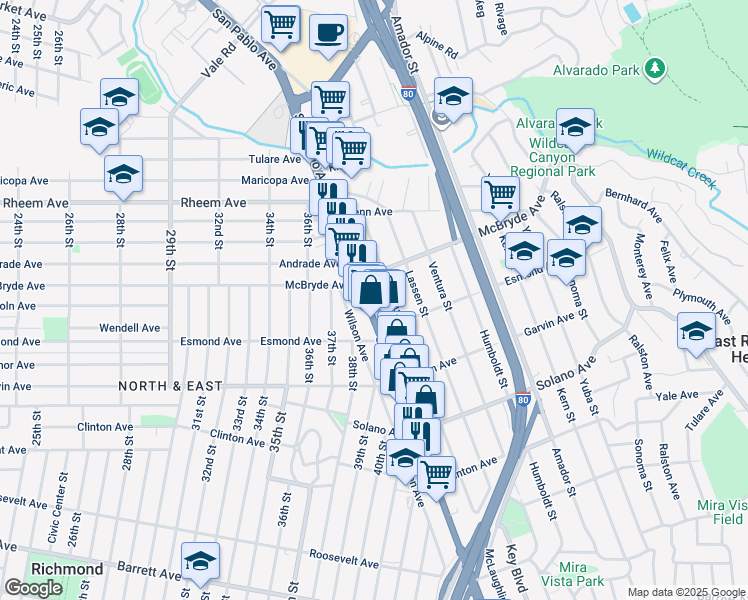 map of restaurants, bars, coffee shops, grocery stores, and more near 12860 San Pablo Avenue in Richmond
