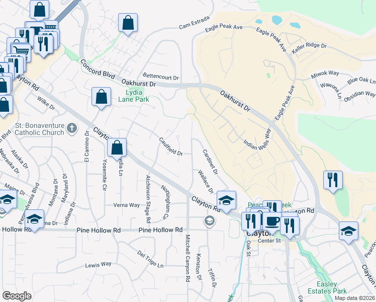 map of restaurants, bars, coffee shops, grocery stores, and more near 5891 Caulfield Drive in Clayton