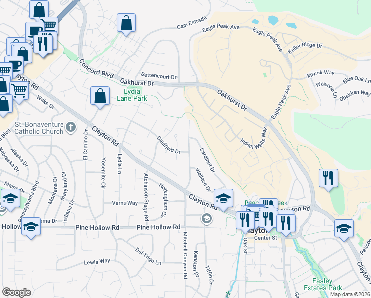map of restaurants, bars, coffee shops, grocery stores, and more near 5891 Caulfield Drive in Clayton