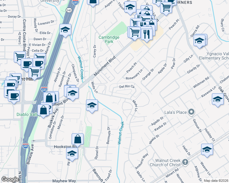 map of restaurants, bars, coffee shops, grocery stores, and more near 1356 Del Rio Circle in Concord