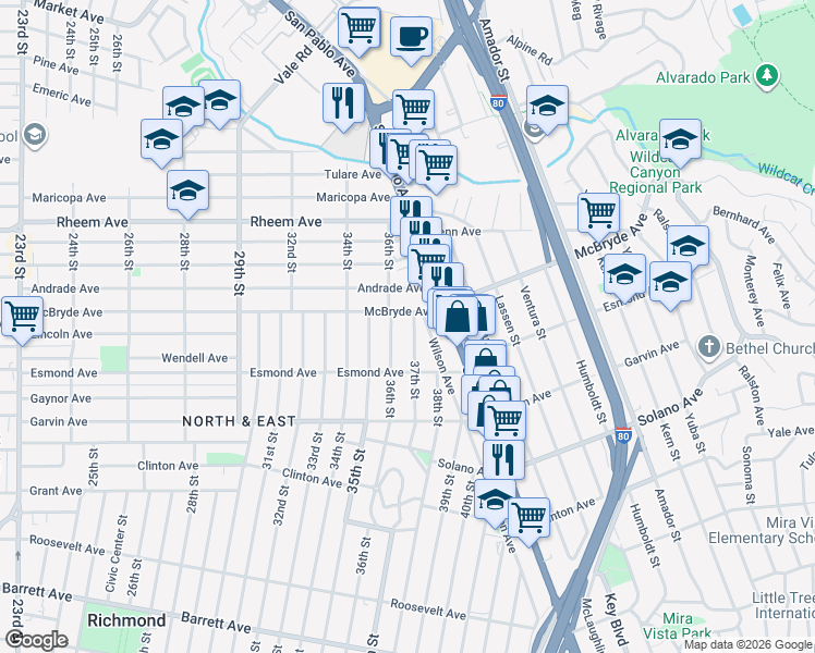 map of restaurants, bars, coffee shops, grocery stores, and more near 3612 McBryde Avenue in Richmond