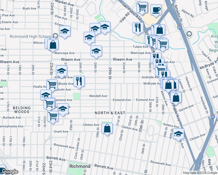 map of restaurants, bars, coffee shops, grocery stores, and more near 2908 McBryde Avenue in Richmond