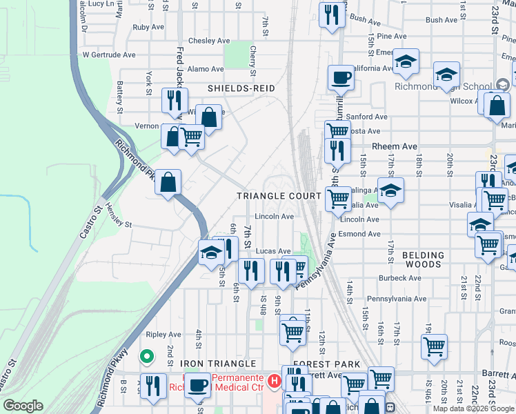 map of restaurants, bars, coffee shops, grocery stores, and more near 948 7th Street in Richmond