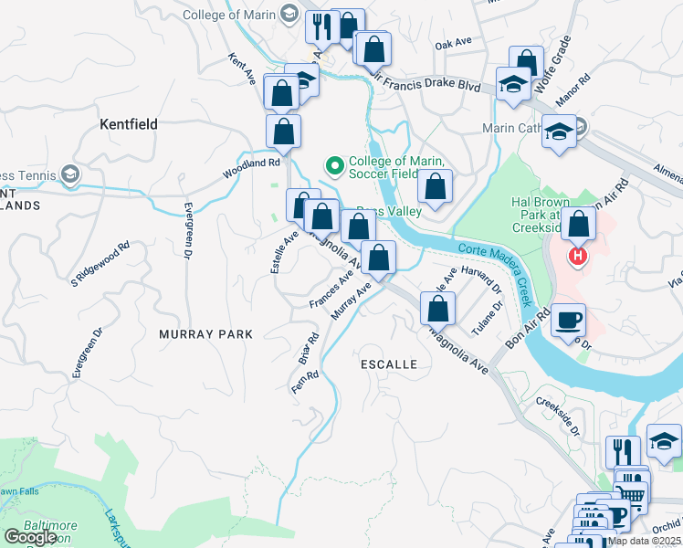 map of restaurants, bars, coffee shops, grocery stores, and more near 1111 Magnolia Avenue in Larkspur