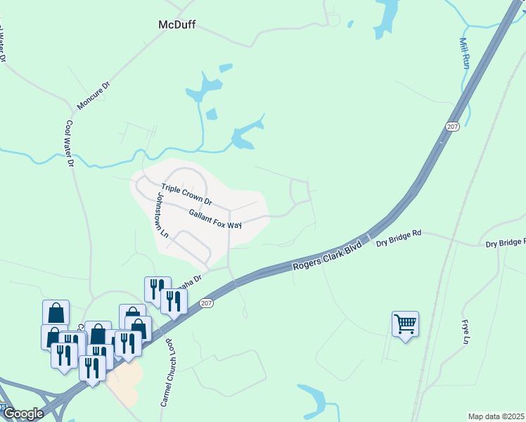 map of restaurants, bars, coffee shops, grocery stores, and more near 10655 Gallant Fox Way in Ruther Glen