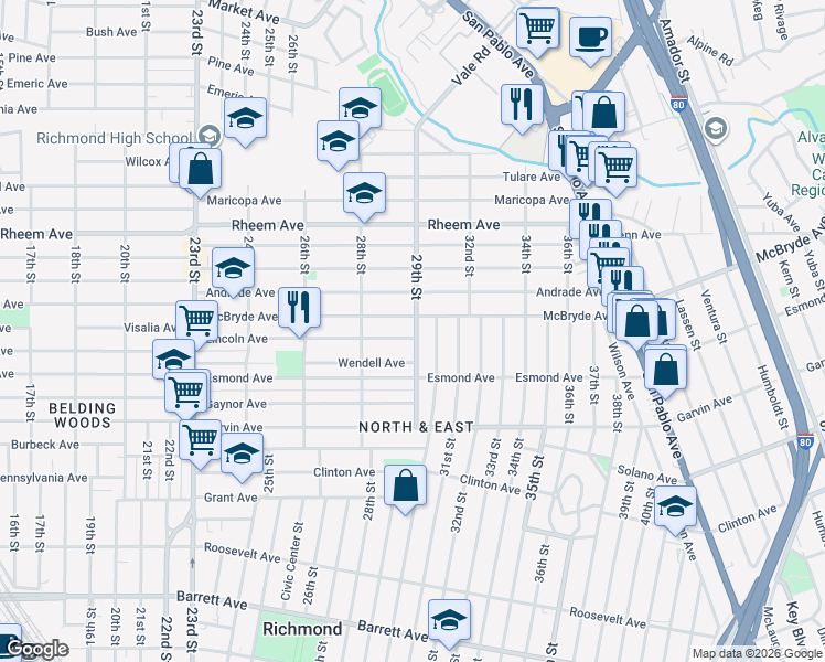 map of restaurants, bars, coffee shops, grocery stores, and more near 2908 McBryde Avenue in Richmond