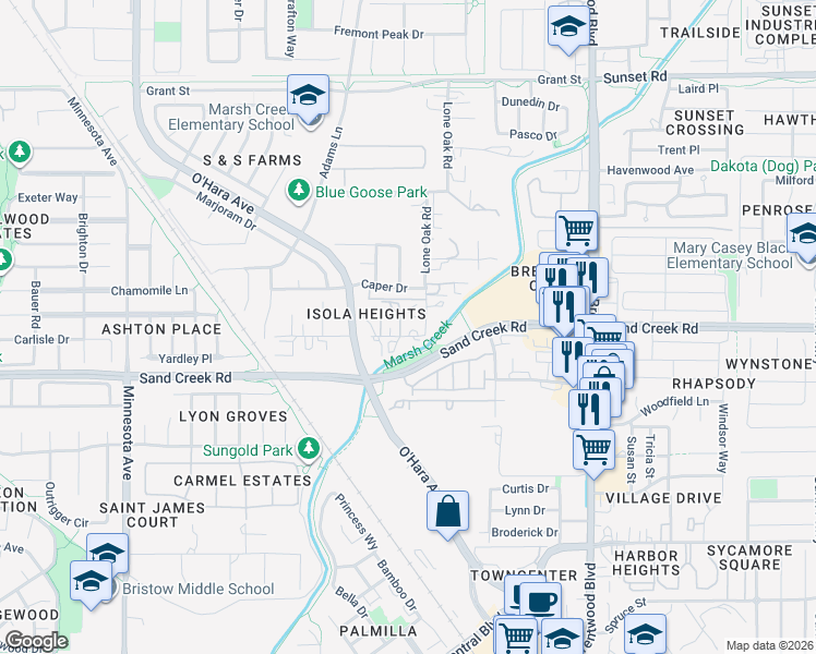 map of restaurants, bars, coffee shops, grocery stores, and more near 421 Lone Oak Court in Brentwood
