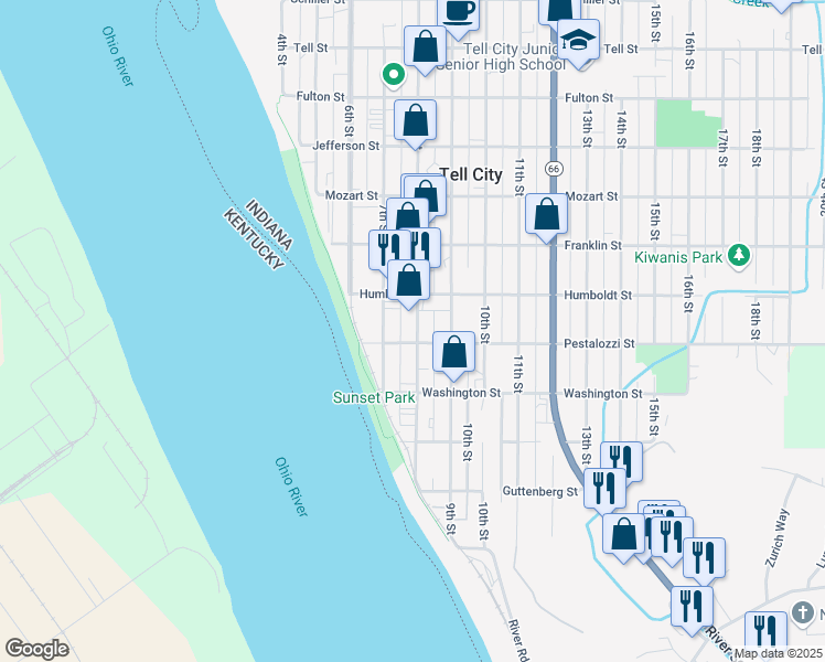 map of restaurants, bars, coffee shops, grocery stores, and more near 409 Main Street in Tell City