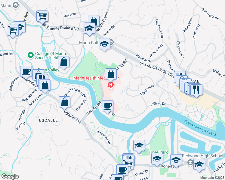 map of restaurants, bars, coffee shops, grocery stores, and more near 250 Bon Air Road in Kentfield
