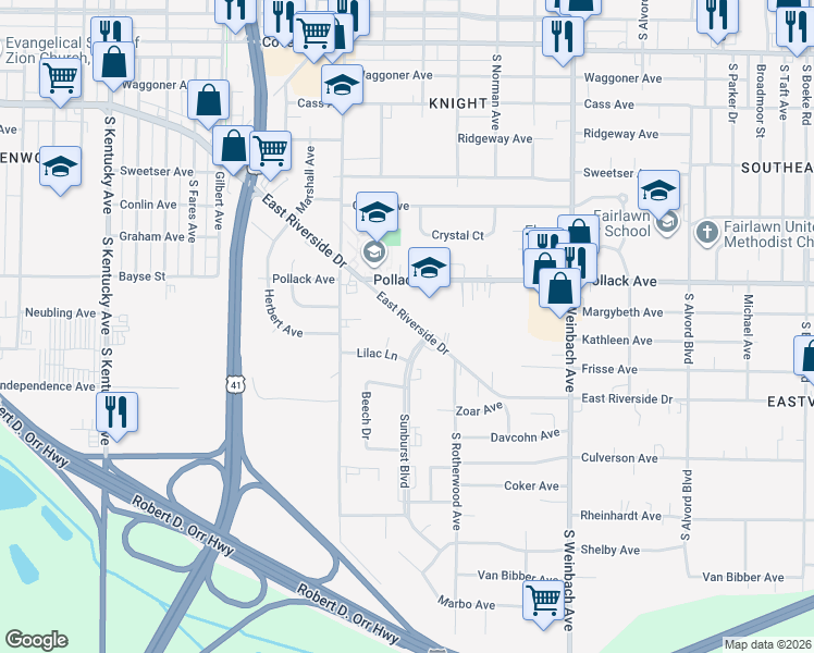 map of restaurants, bars, coffee shops, grocery stores, and more near 1511 East Riverside Drive in Evansville