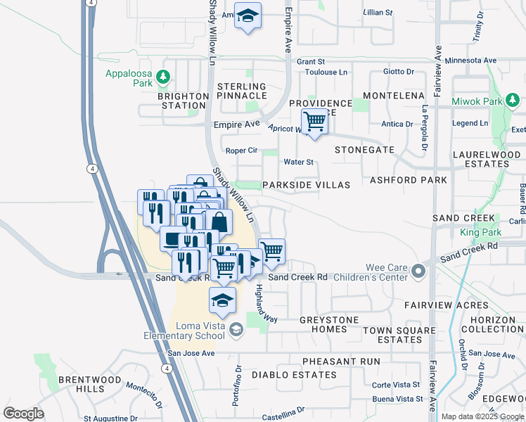 map of restaurants, bars, coffee shops, grocery stores, and more near 1917 Las Montanas Court in Brentwood