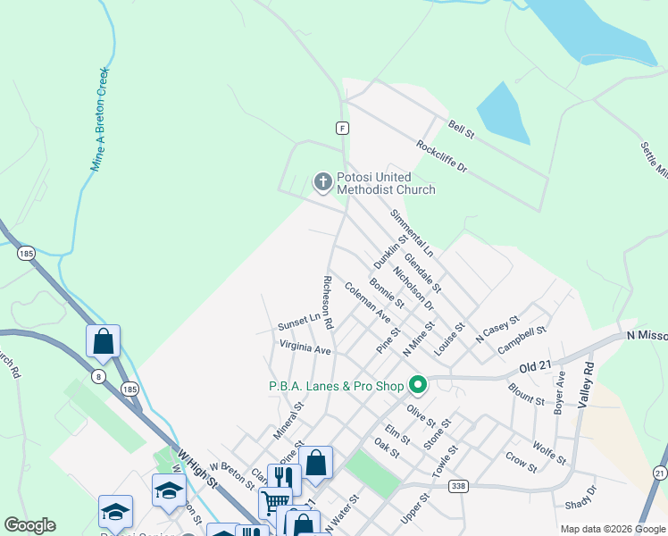 map of restaurants, bars, coffee shops, grocery stores, and more near 1105 Richeson Road in Potosi
