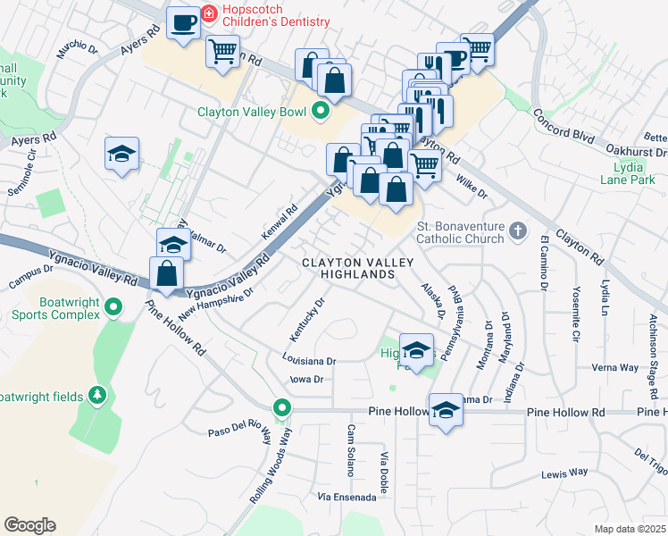 map of restaurants, bars, coffee shops, grocery stores, and more near 5470 Roundtree Drive in Concord