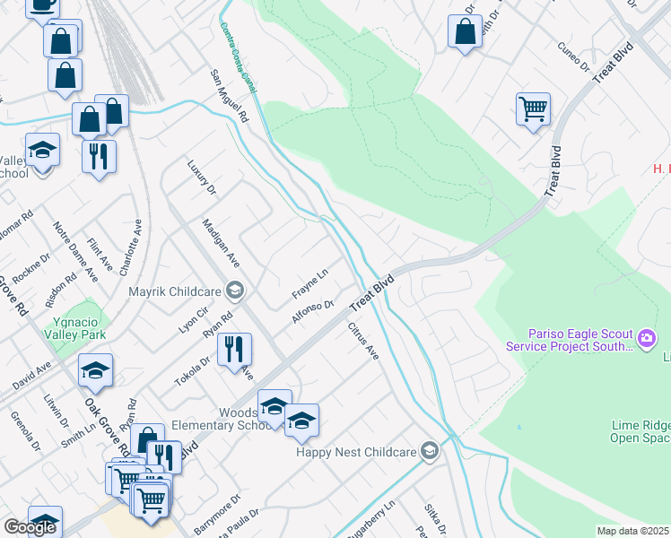 map of restaurants, bars, coffee shops, grocery stores, and more near 819 San Miguel Road in Concord