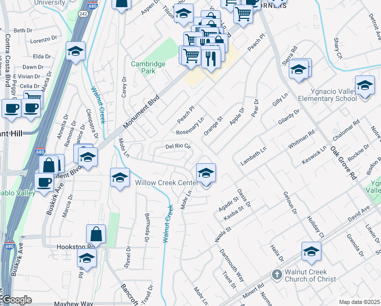 map of restaurants, bars, coffee shops, grocery stores, and more near 1477 Del Rio Circle in Concord