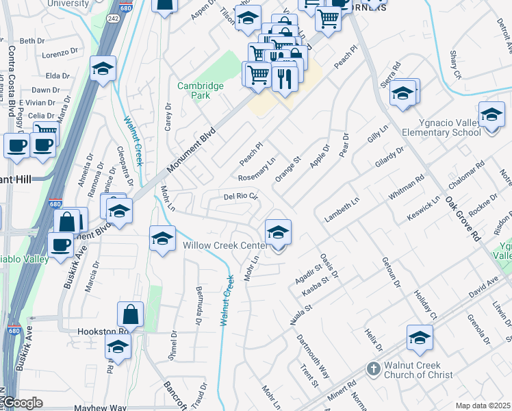 map of restaurants, bars, coffee shops, grocery stores, and more near 1477 Del Rio Circle in Concord