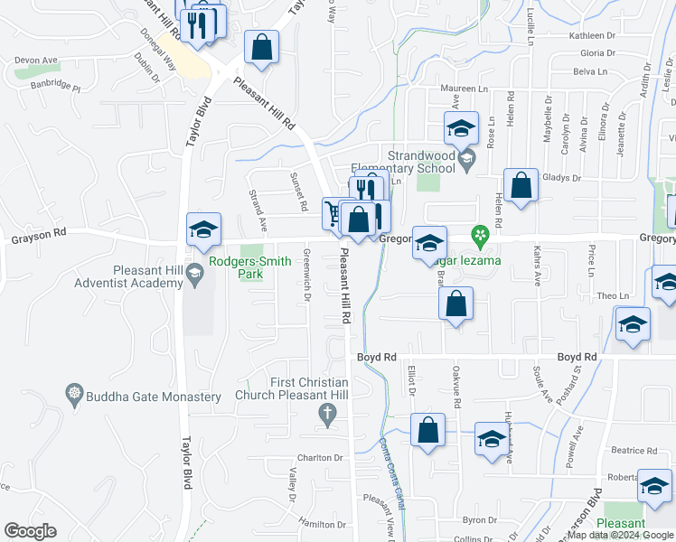 map of restaurants, bars, coffee shops, grocery stores, and more near 2340 Pleasant Hill Road in Pleasant Hill
