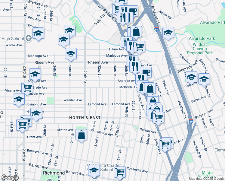 map of restaurants, bars, coffee shops, grocery stores, and more near 3228 McBryde Avenue in Richmond