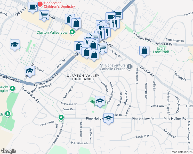 map of restaurants, bars, coffee shops, grocery stores, and more near 5506 Alaska Drive in Concord