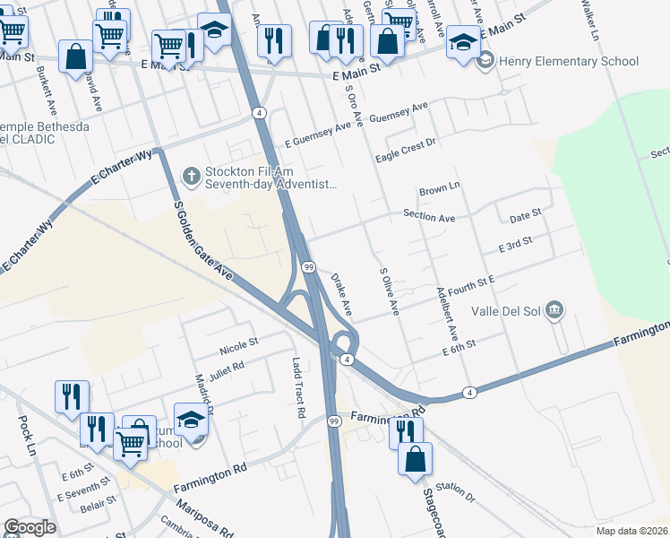 map of restaurants, bars, coffee shops, grocery stores, and more near 1724 Drake Avenue in Stockton
