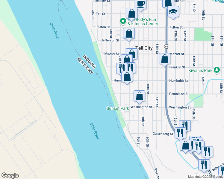 map of restaurants, bars, coffee shops, grocery stores, and more near Ohio River Greenway Trail in Tell City