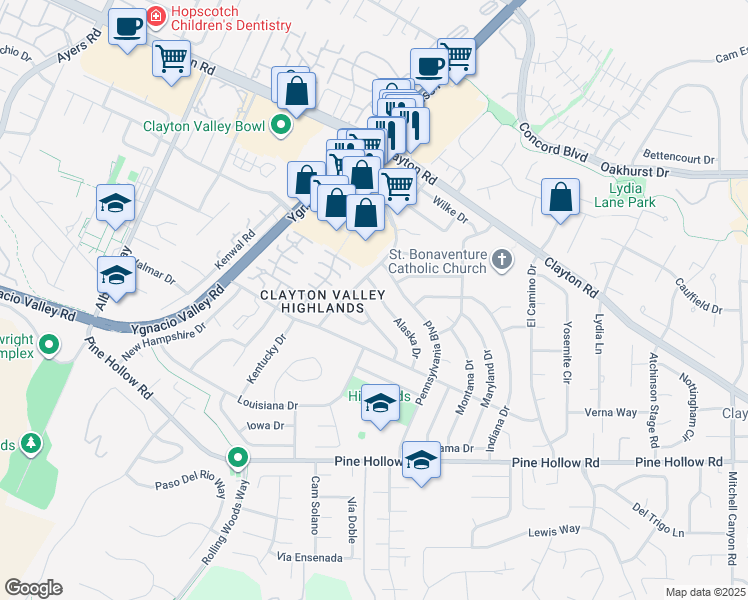 map of restaurants, bars, coffee shops, grocery stores, and more near 5506 Alaska Drive in Concord