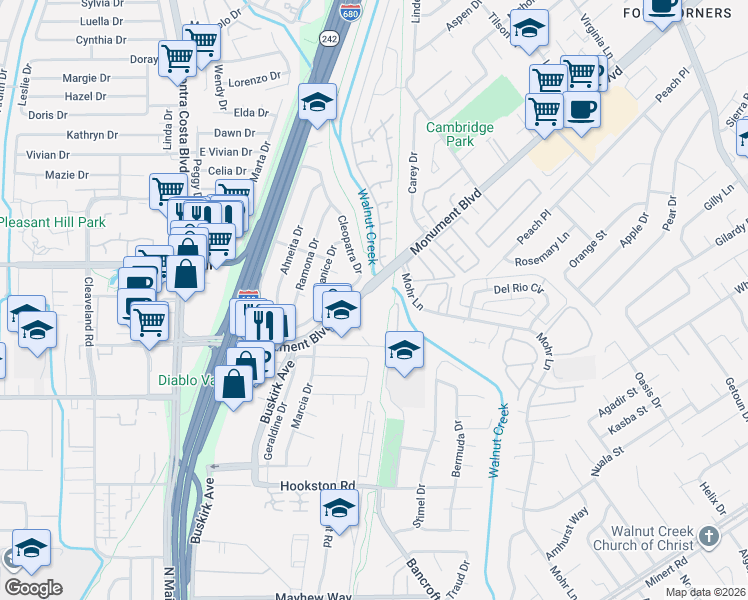 map of restaurants, bars, coffee shops, grocery stores, and more near 2050 Monument Boulevard in Pleasant Hill