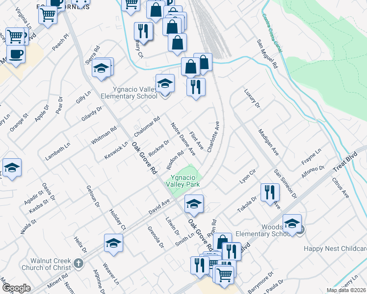 map of restaurants, bars, coffee shops, grocery stores, and more near 926 Notre Dame Avenue in Concord