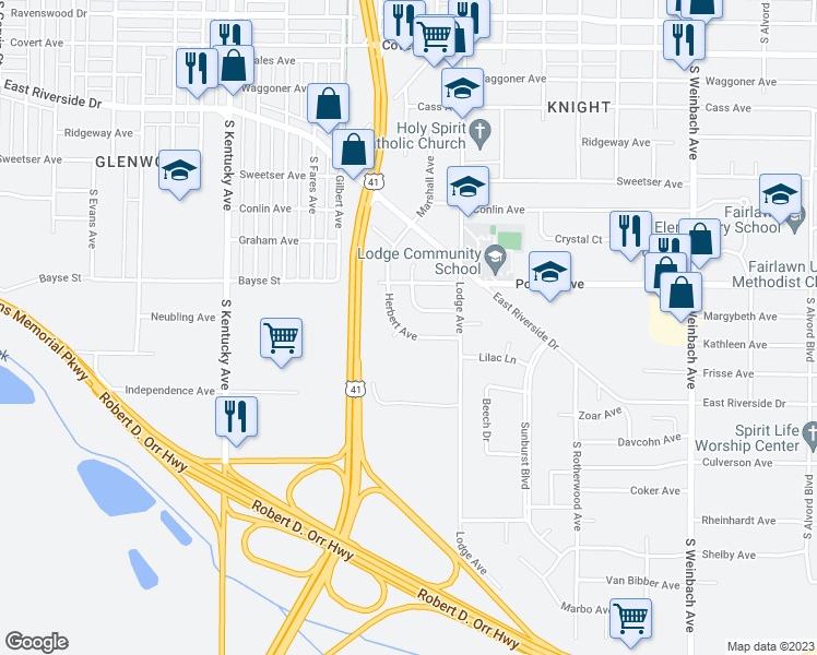 map of restaurants, bars, coffee shops, grocery stores, and more near 2300 Herbert Avenue in Evansville