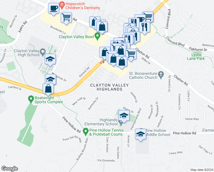map of restaurants, bars, coffee shops, grocery stores, and more near 5470 Roundtree Drive in Concord