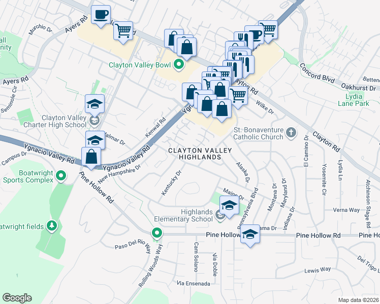 map of restaurants, bars, coffee shops, grocery stores, and more near 5470 Roundtree Drive in Concord
