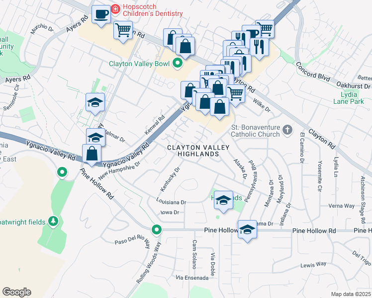 map of restaurants, bars, coffee shops, grocery stores, and more near 5470 Roundtree Drive in Concord