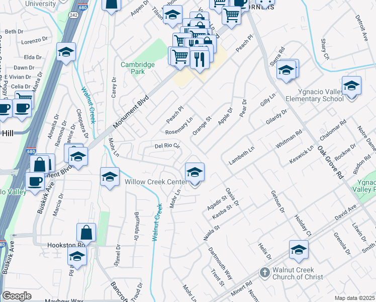 map of restaurants, bars, coffee shops, grocery stores, and more near 1477 Del Rio Circle in Concord