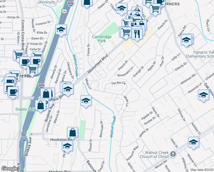 map of restaurants, bars, coffee shops, grocery stores, and more near 1380 Del Rio Circle in Concord