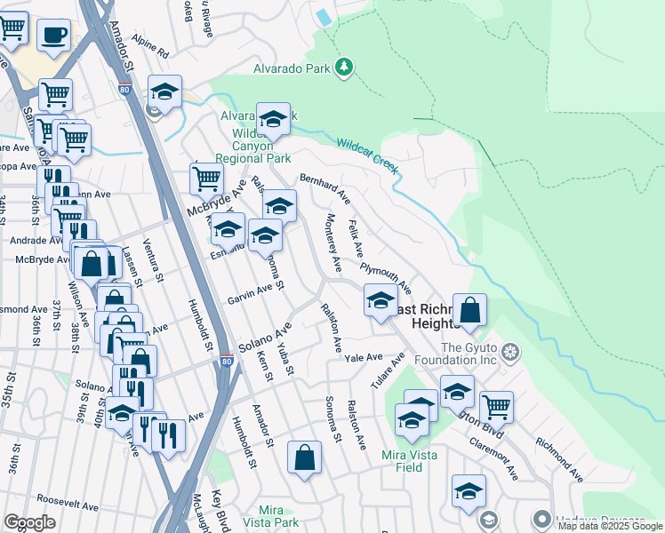 map of restaurants, bars, coffee shops, grocery stores, and more near 6084 Monterey Ave in Richmond
