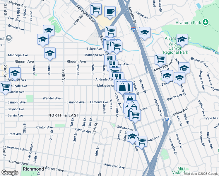 map of restaurants, bars, coffee shops, grocery stores, and more near 3612 McBryde Avenue in Richmond