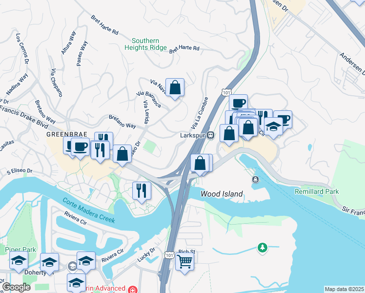 map of restaurants, bars, coffee shops, grocery stores, and more near 85 Vía La Cumbre in Larkspur